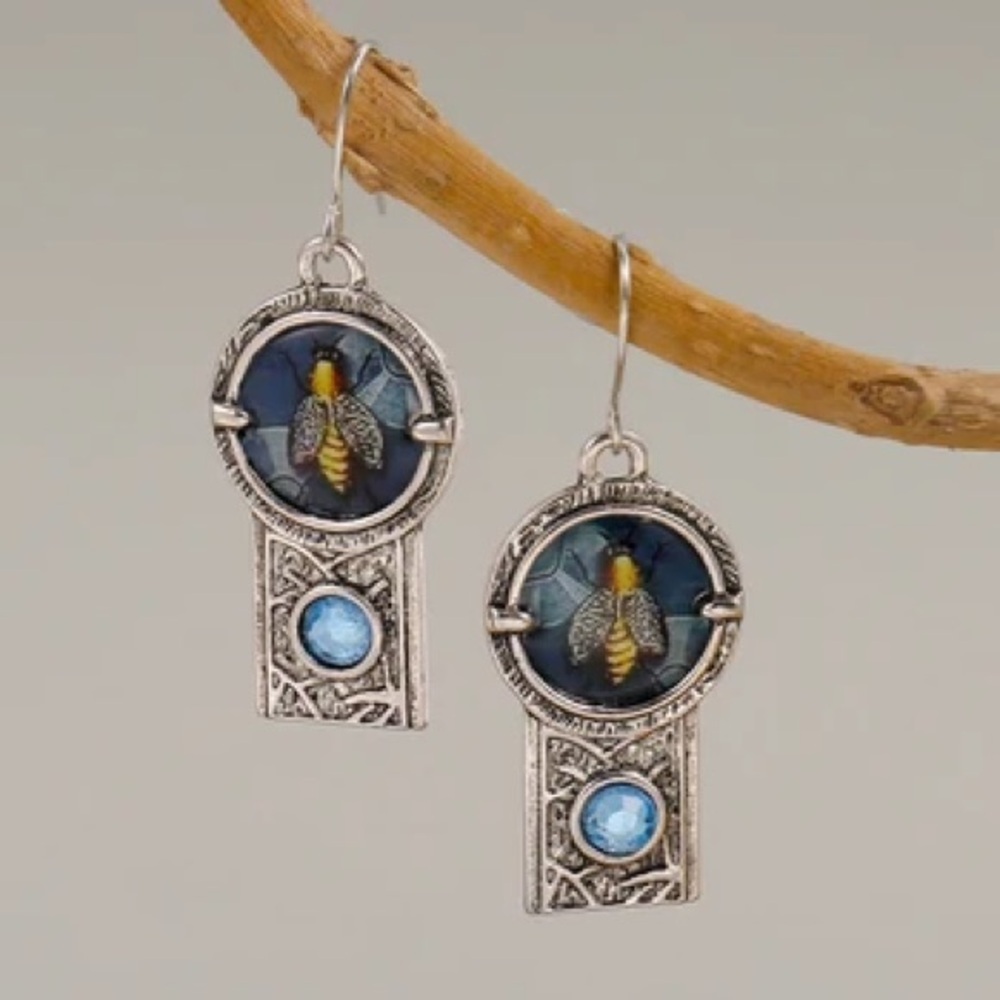 Silver Bee Design Earrings with Blue Accents